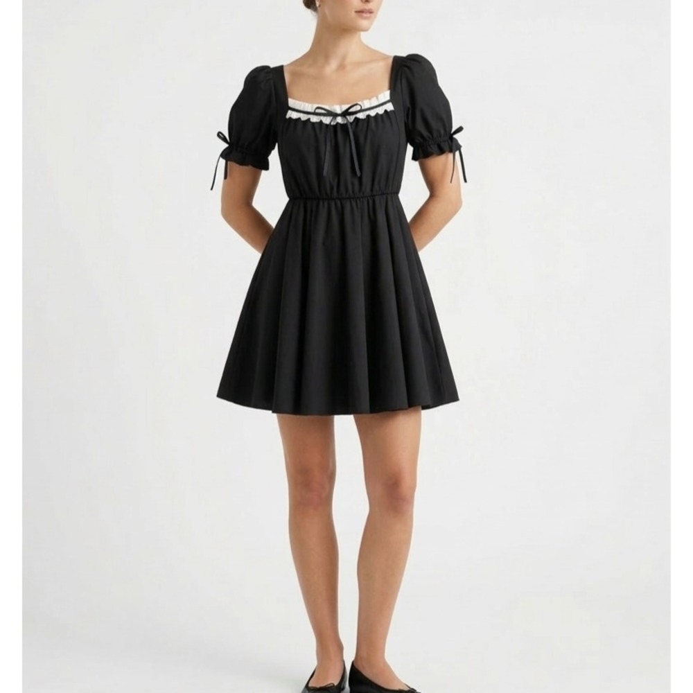 Black Puff Sleeve Mini Dress Sz S Ruffle Tie Cottagecore Coquette Gothic Lolita - Picture 2 of 9